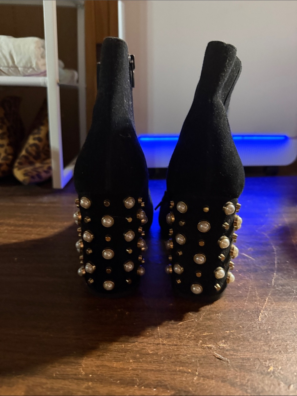 Steve Madden Black Velvet Pearl & Gold Stud Block Heel Booties